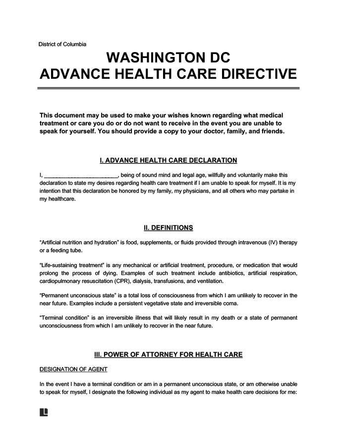 Washington DC Advance Directive Form