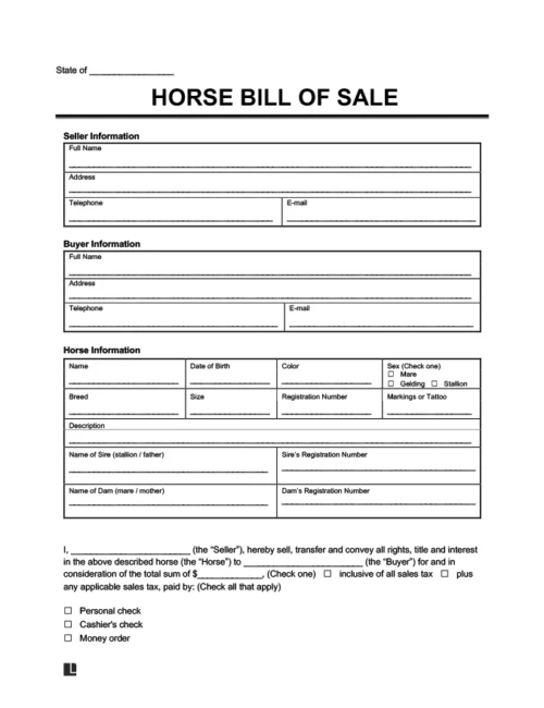 horse bill of sale template