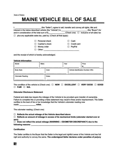 Maine Vehicle Bill of Sale