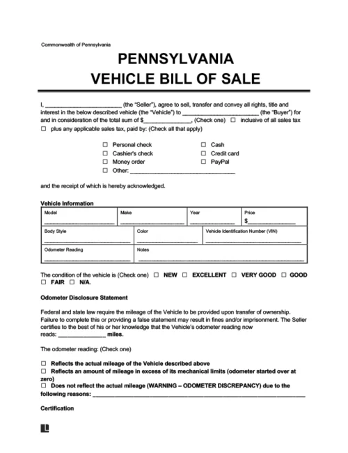 Pennsylvania Vehicle Bill of Sale