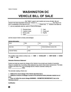 Washington DC Vehicle Bill of Sale