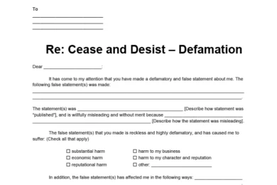 Cease and Desist Defamation Letter