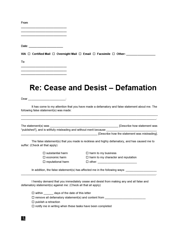 Cease and Desist Defamation Letter