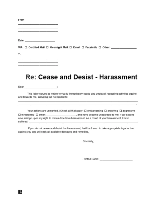 Sample of a cease and desist letter for harassment