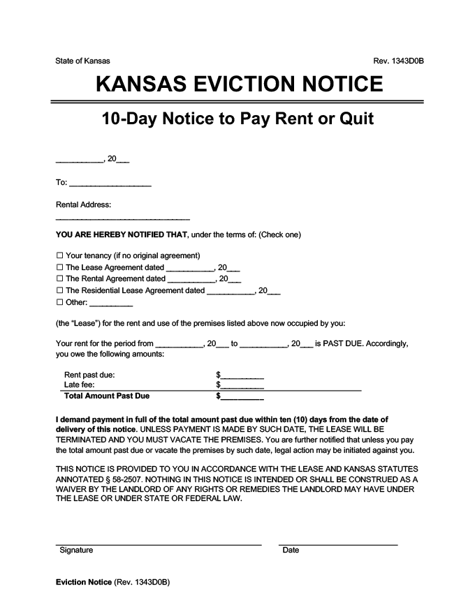 Kansas 10-day eviction notice pay rent or quit