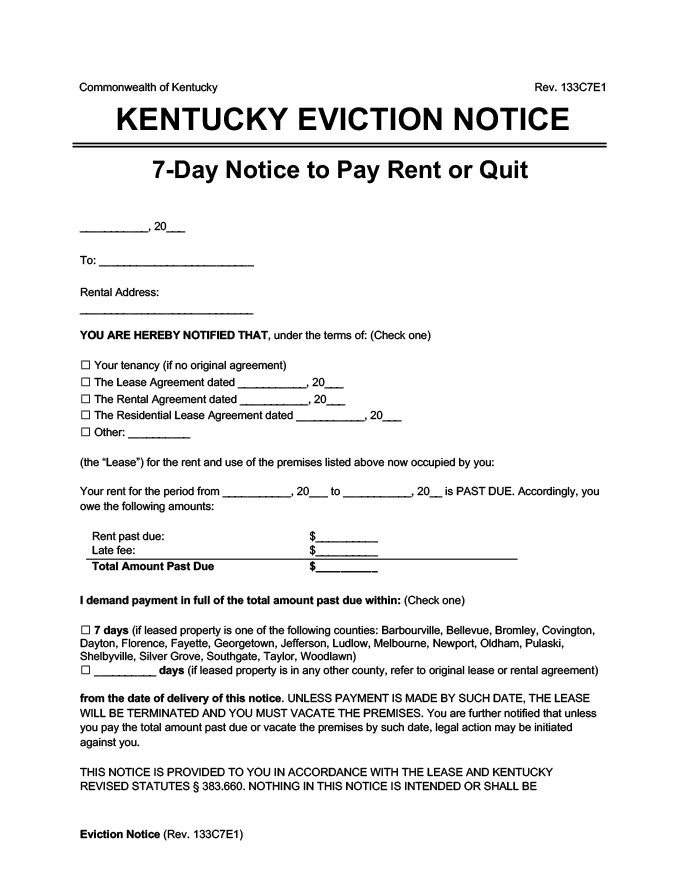 Kentucky Notice to Pay Rent or Quit