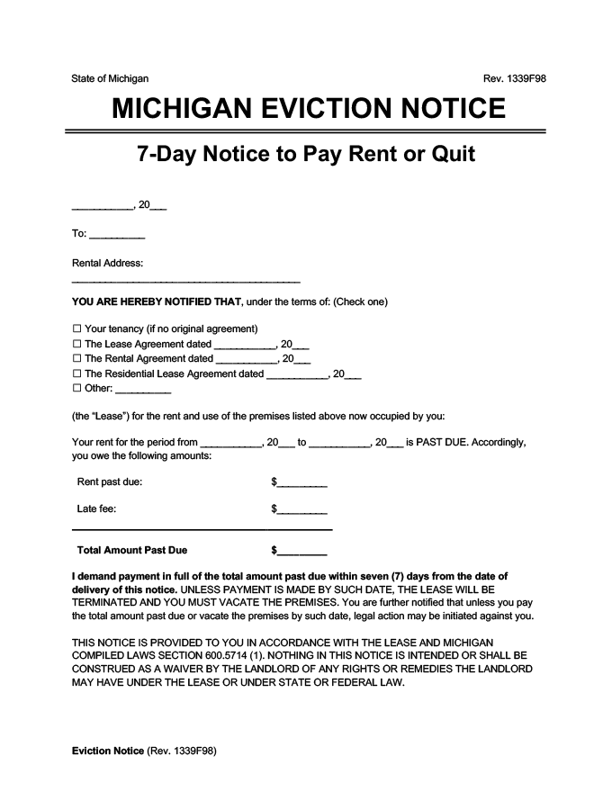 Michigan notice to pay rent or quit
