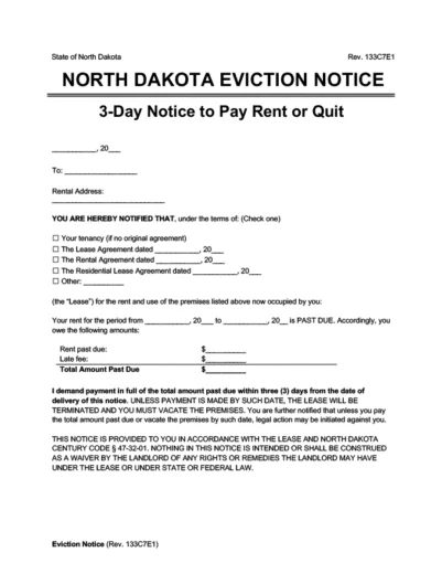 North Dakota eviction notice 3 day pay rent or quit screenshot