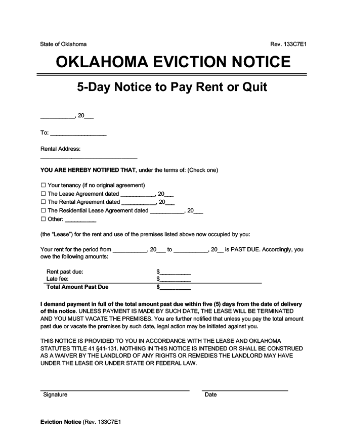 Oklahoma eviction notice 5 day pay rent or quit screenshot