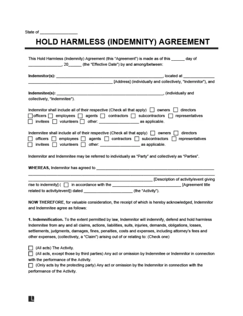 Hold Harmless Agreement Template