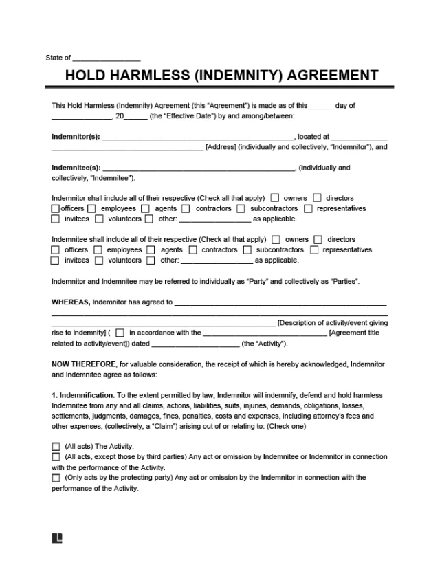 Hold Harmless Agreement Template