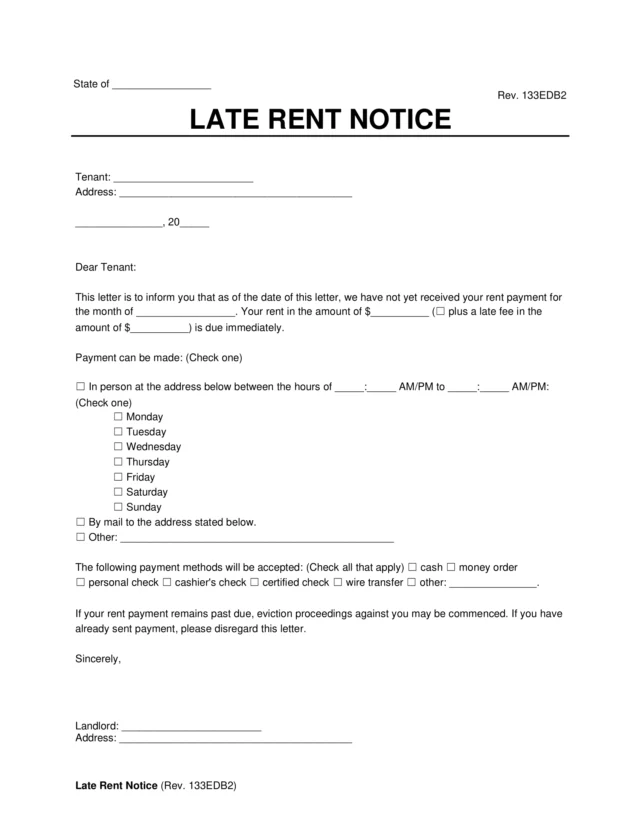 Sample of a late rent notice template to send a tenant