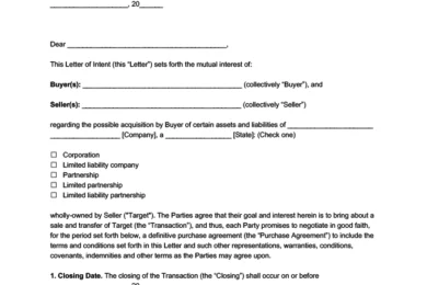 Sample of a letter of intent for business purchase template