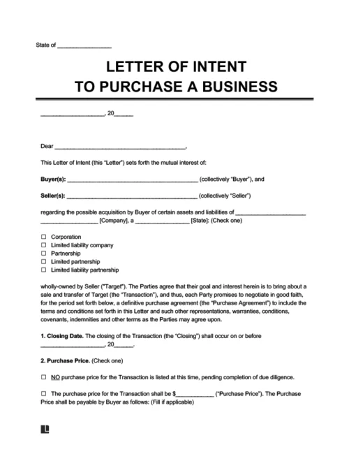 Sample of a letter of intent for business purchase template