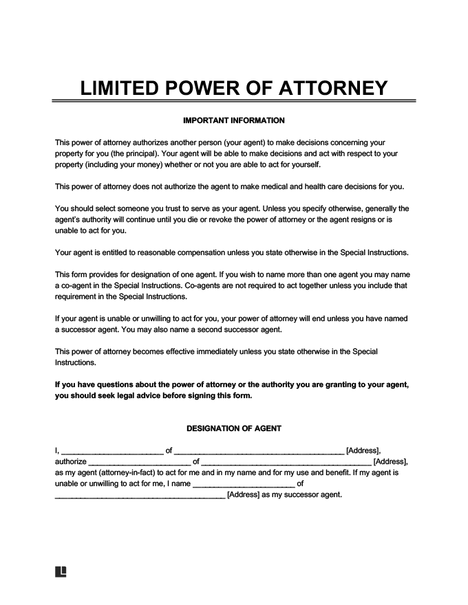 Limited power of attorney form
