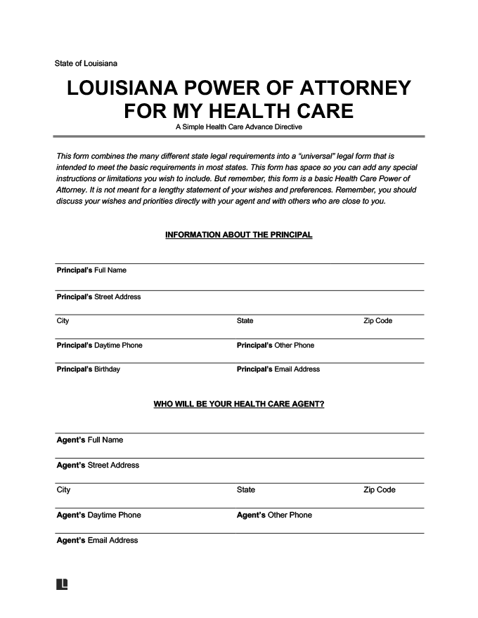 Louisiana Medical Power of Attorney Form