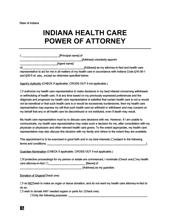 Indiana Medical Power of Attorney Form
