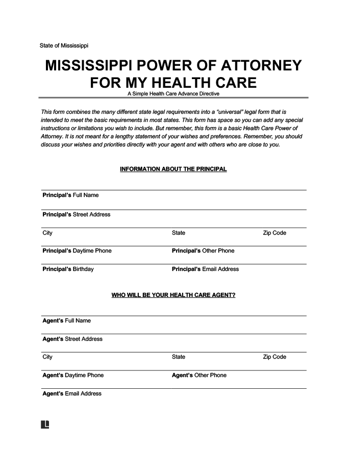 Mississippi Medical Power of Attorney Form