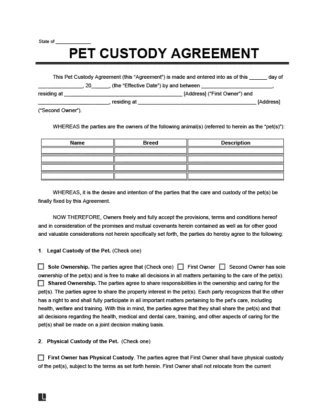 Pet Custody Agreement Template