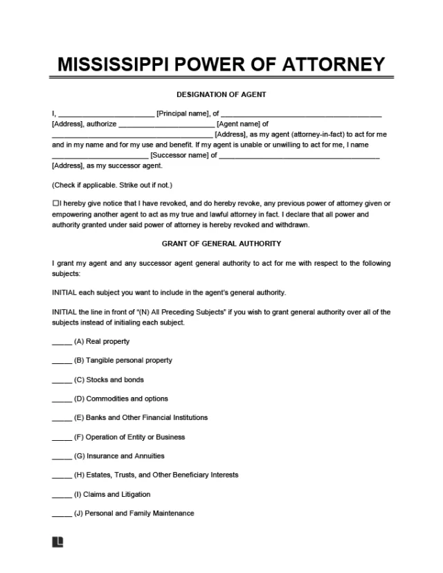 Mississippi Power of Attorney Form