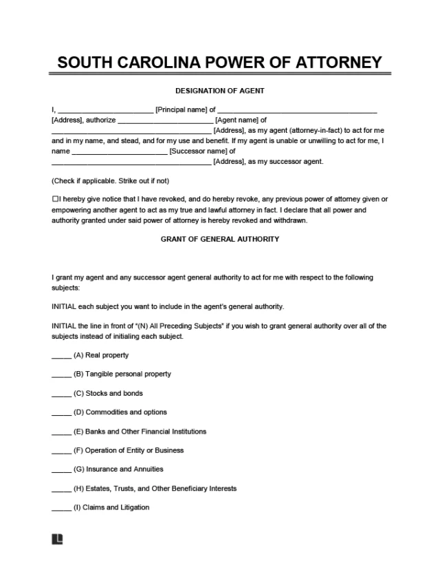 South Carolina power of attorney form