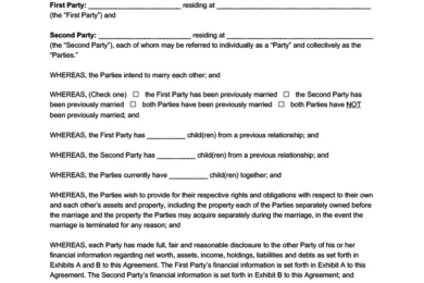 Sample of a prenuptial (prenup) agreement for couples getting married