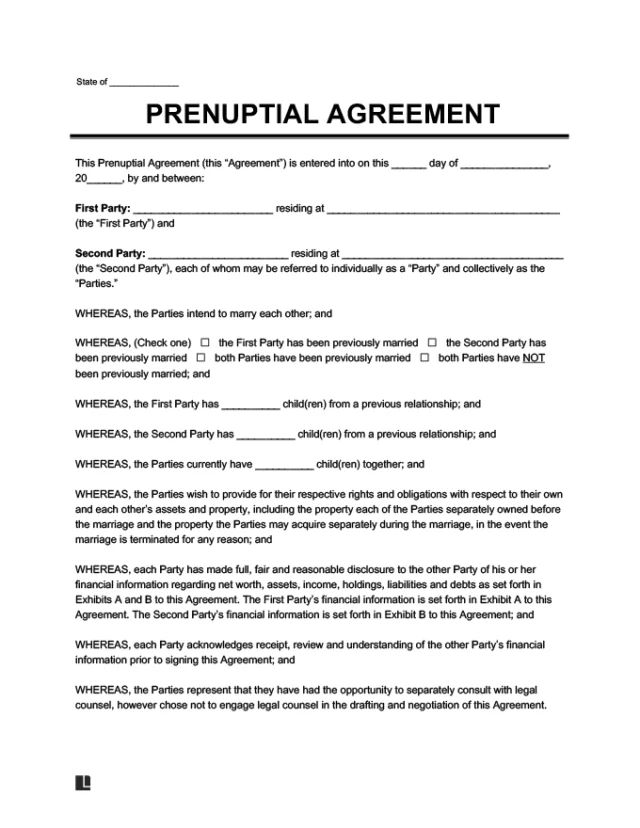 Sample of a prenuptial (prenup) agreement for couples getting married