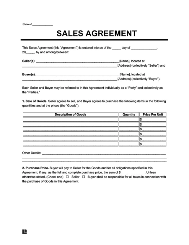 sales agreement template