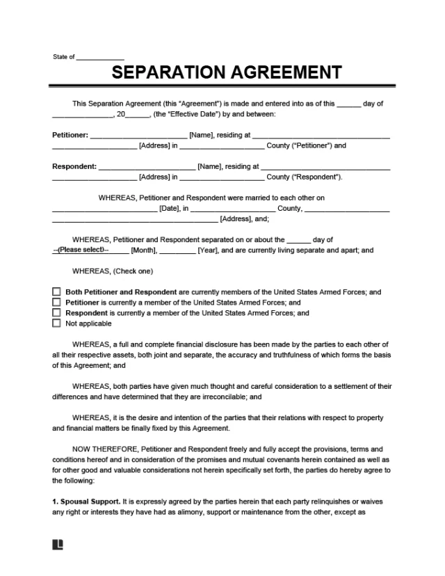Sample of a Separation Agreement Template for spouses splitting up