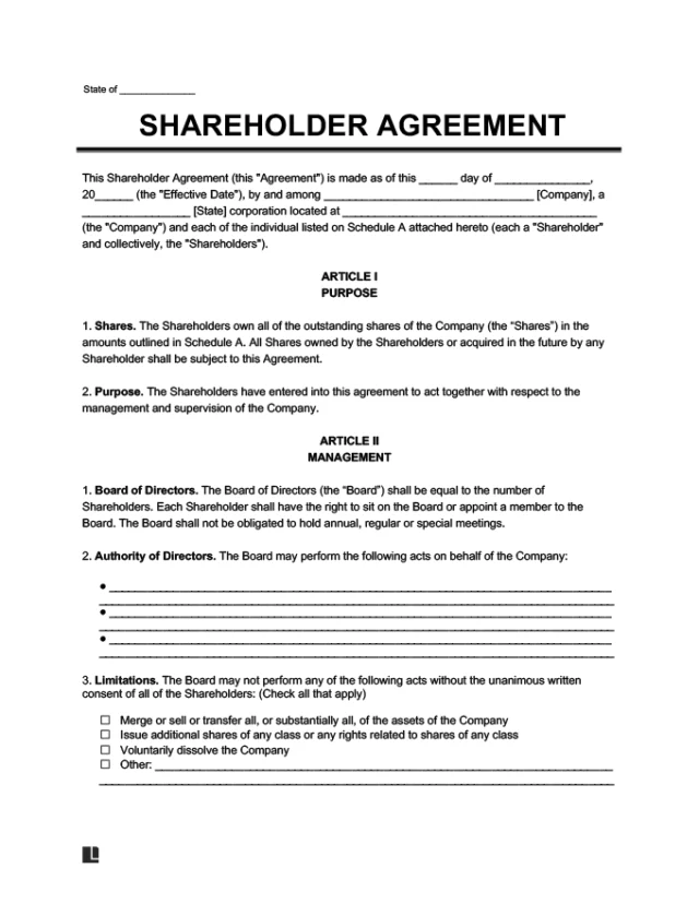 shareholder agreement template