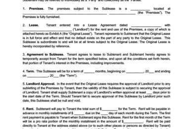 Sample of a sublease agreement template