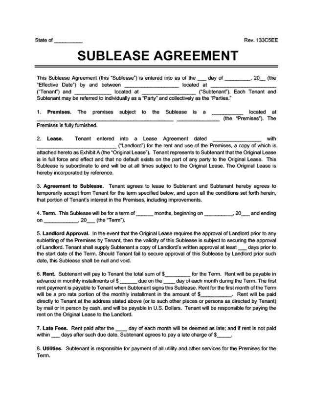 Sample of a sublease agreement template