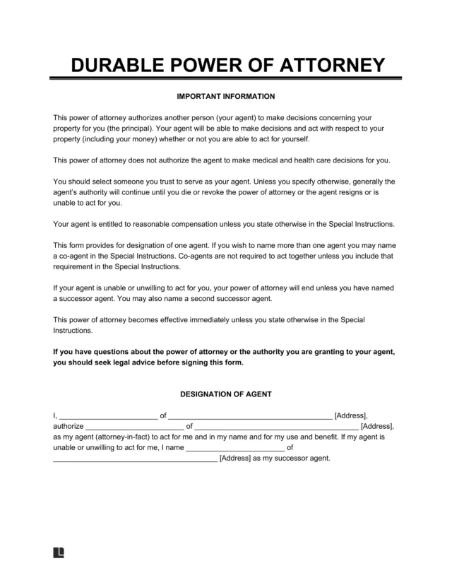 Sample of a durable power of attorney form template