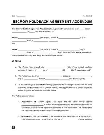 escrow holdback agreement addendum
