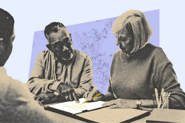 Illustration of family looking at documents