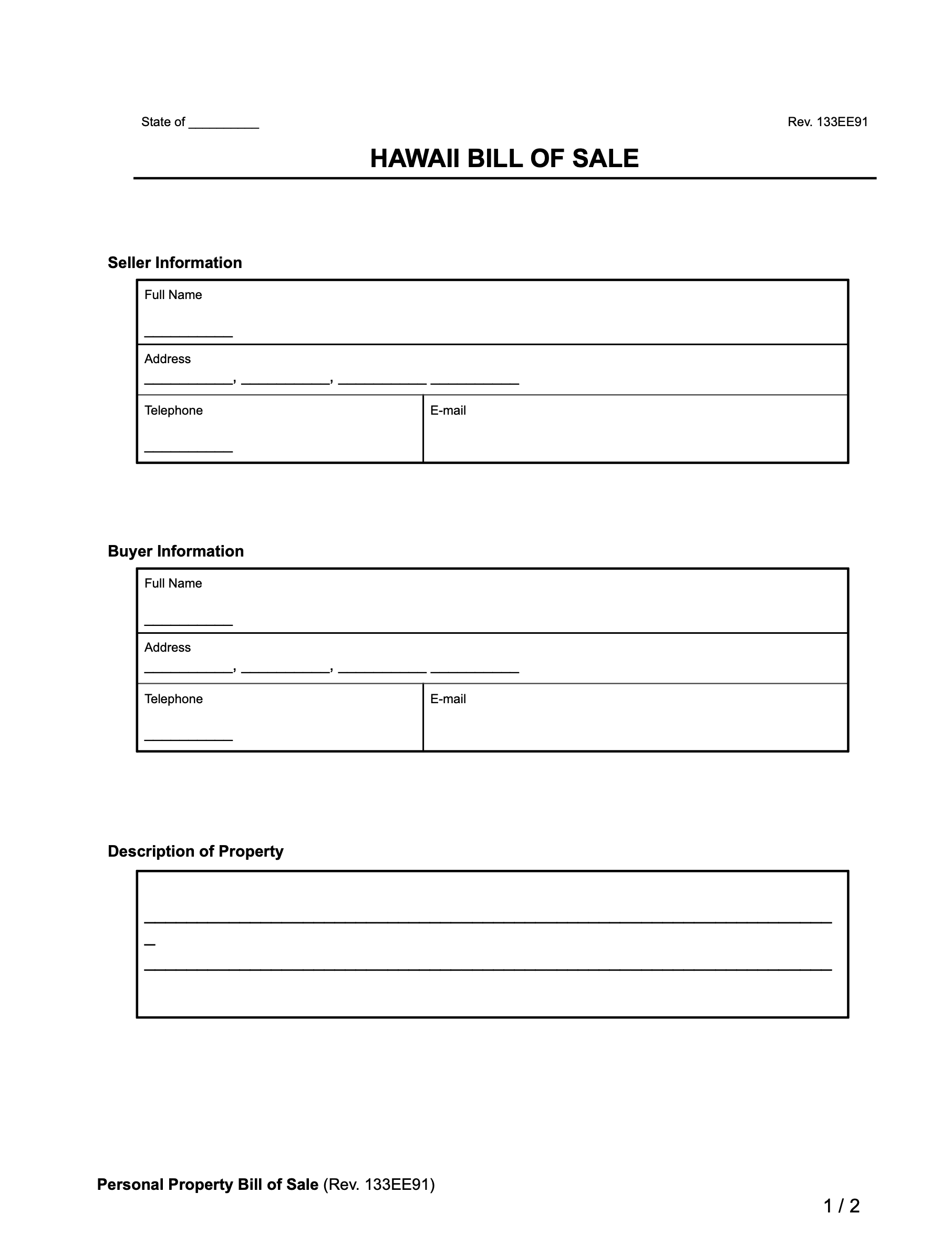 hawaii bill of sale sample