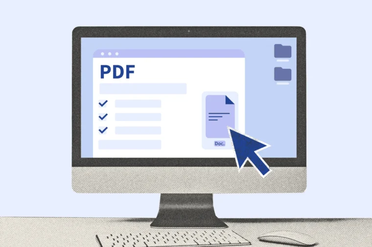 Desktop monitor with a screen of a PDF maker and an extra large cursor