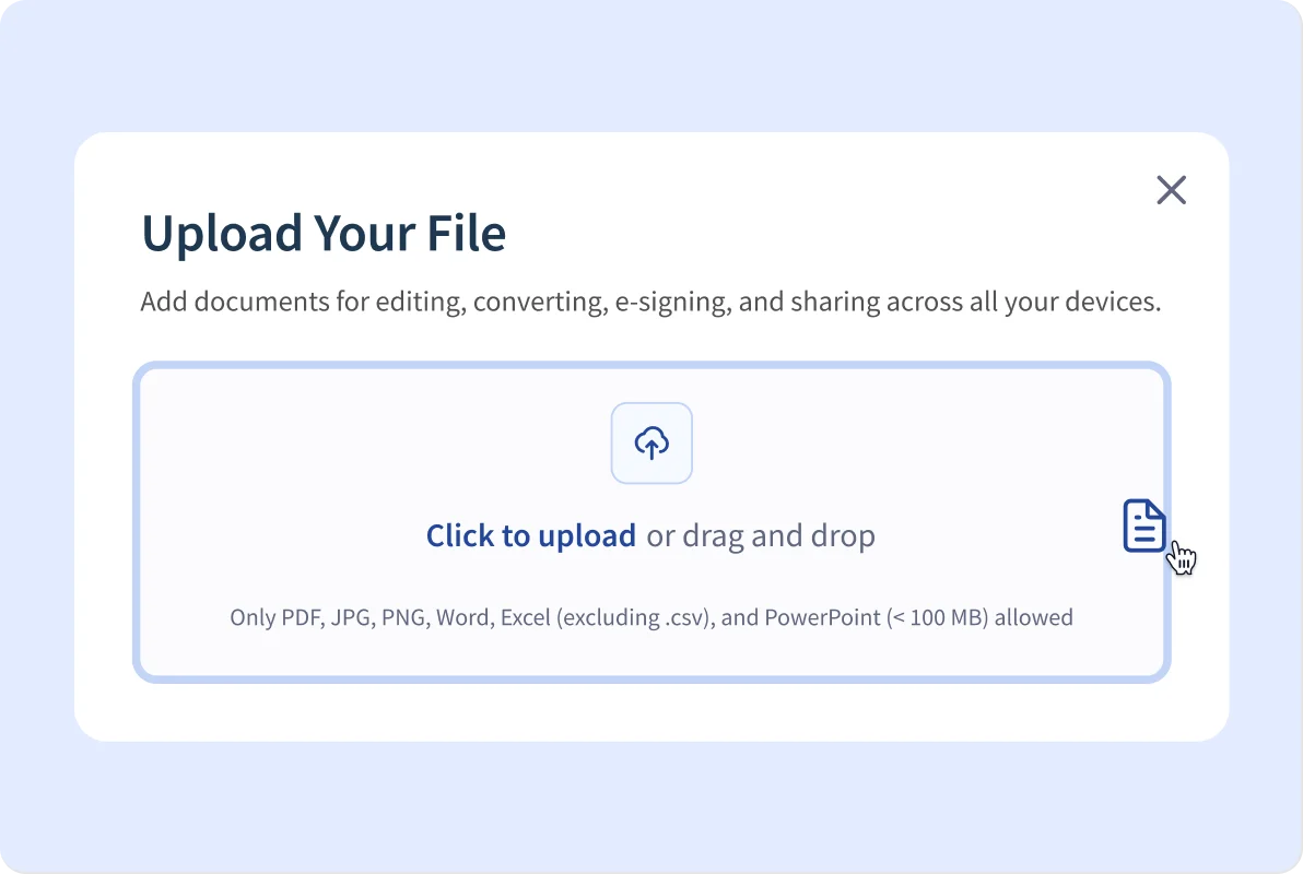 image of a screen showing users how to upload a file (Word, PDF, JPG, PNG, etc.)