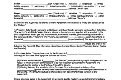 Sample of a Land Purchase Agreement Form or land sale contract