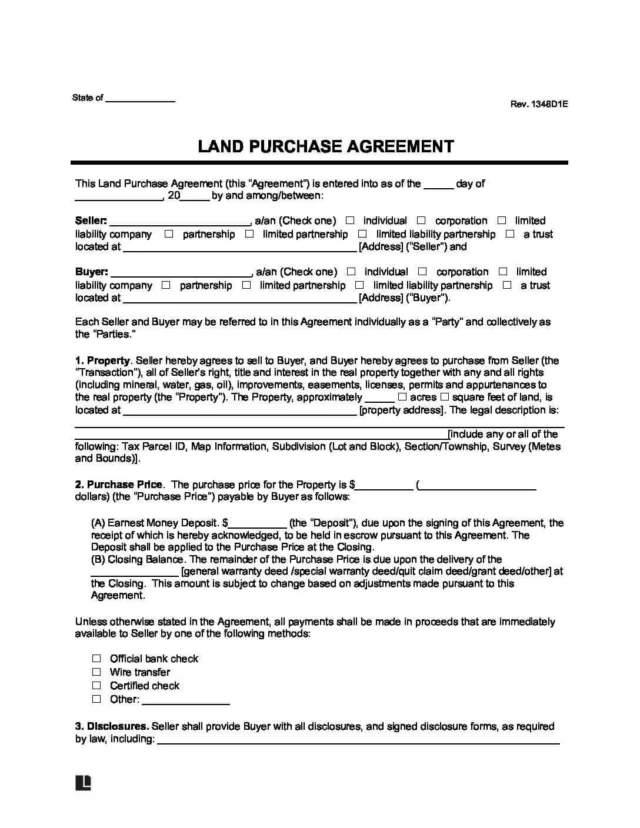 Sample of a Land Purchase Agreement Form or land sale contract