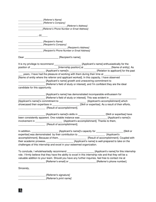 Letter of Recommendation for Internship