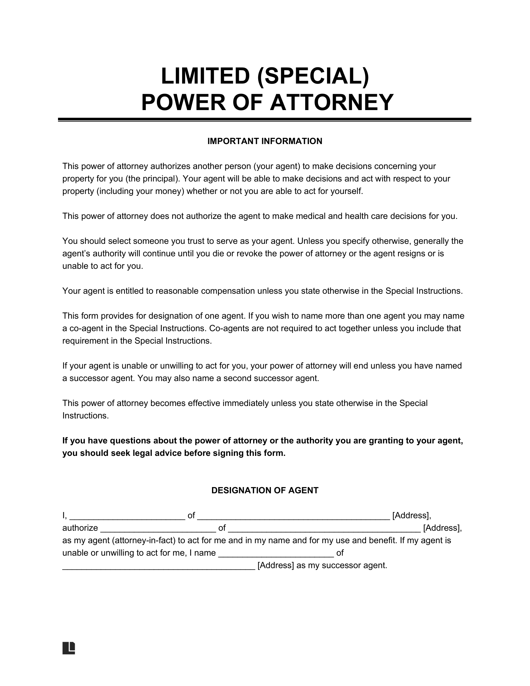 limited power of attorney form