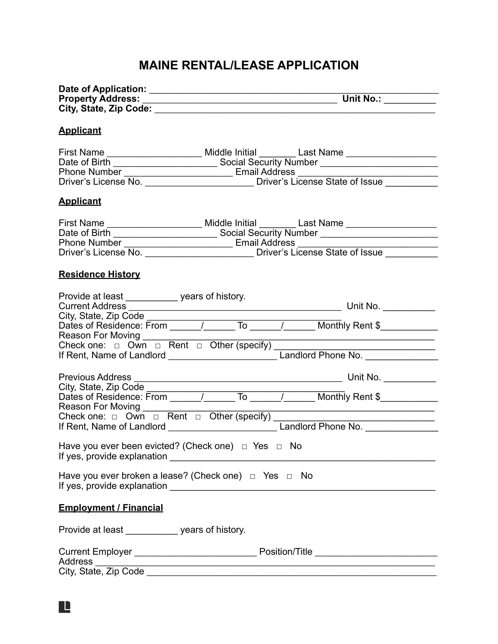 Maine Rental Application Form