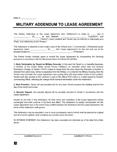 Military Lease Agreement Addendum Template