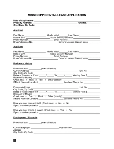 Mississippi Rental Application Form