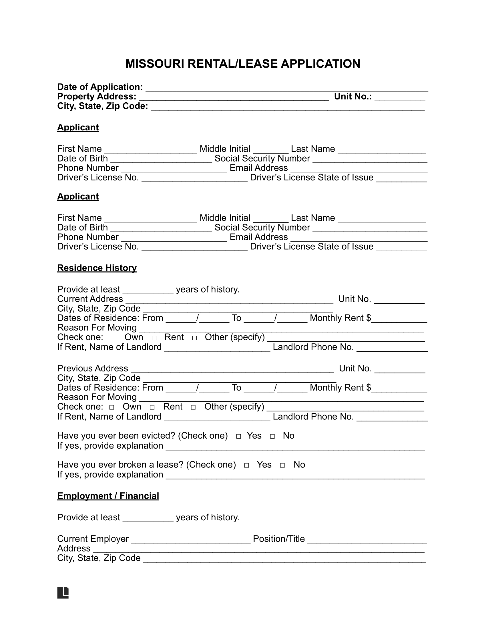 Missouri Rental Application Form