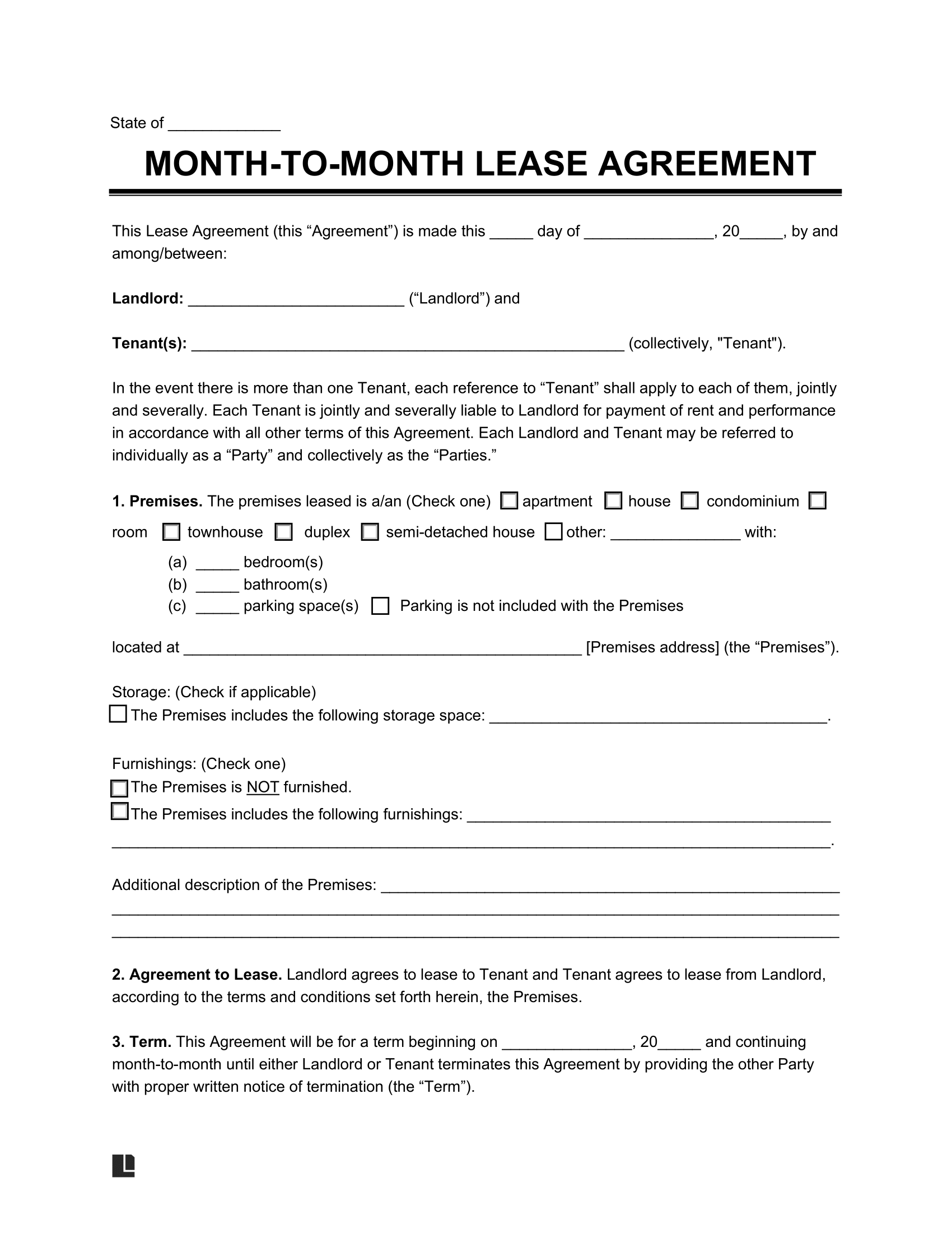 Sample of a month to month residential lease/rental agreement template