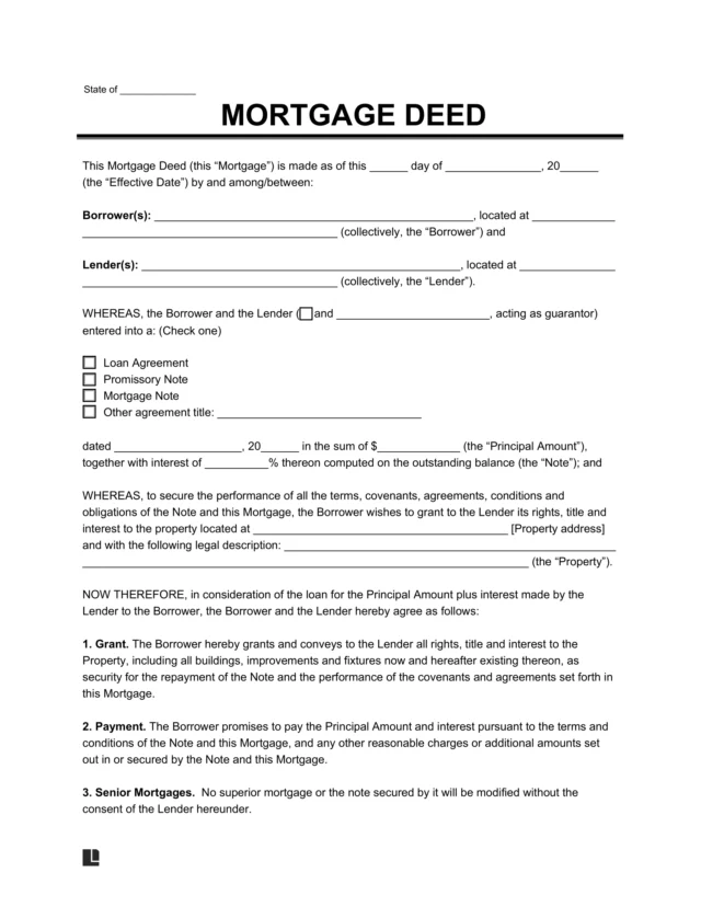 Sample of a mortgage deed template