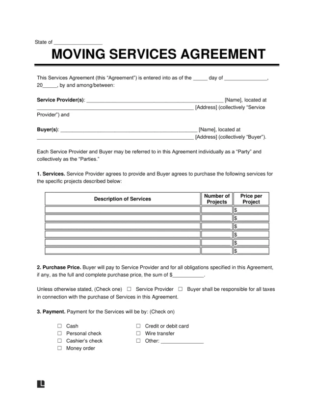 Moving Service Contract Template