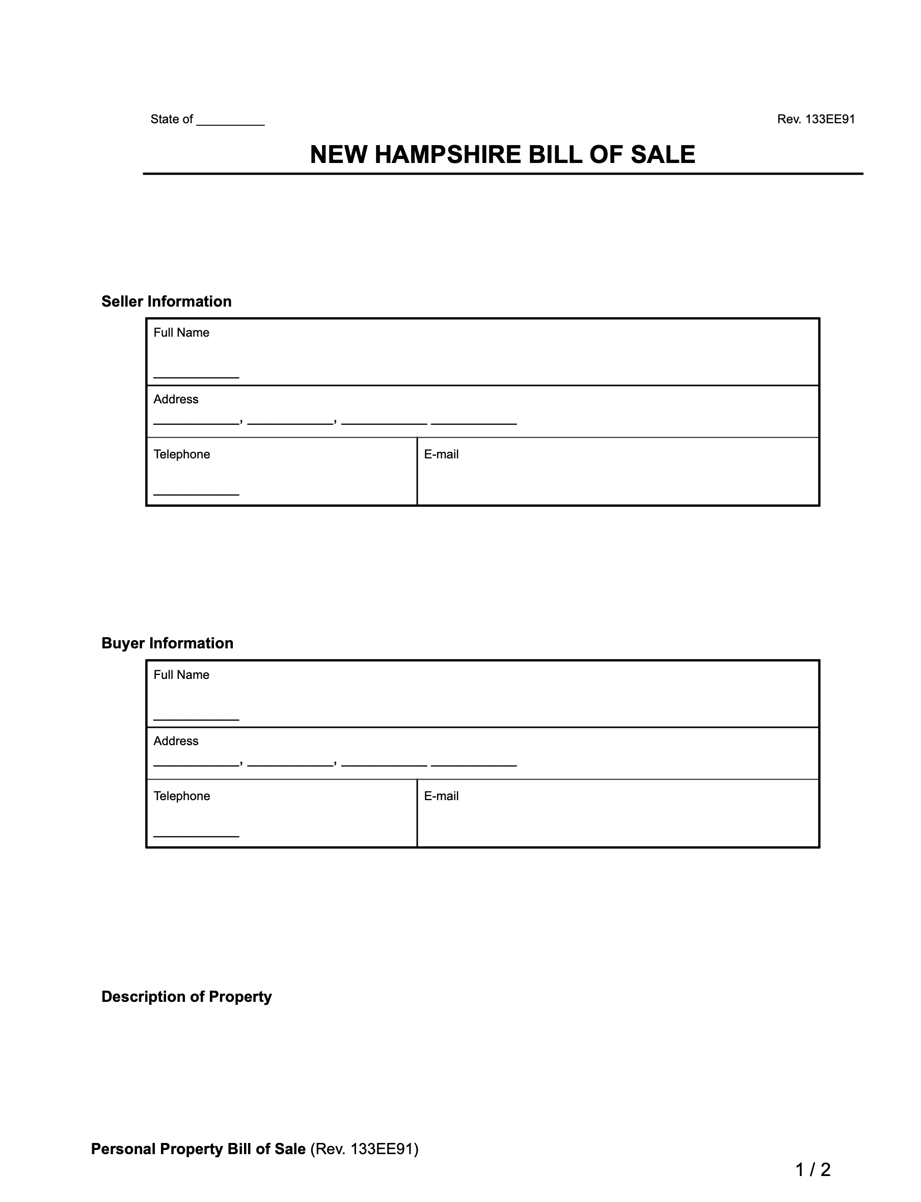 New Hampshire Bill of Sale Forms